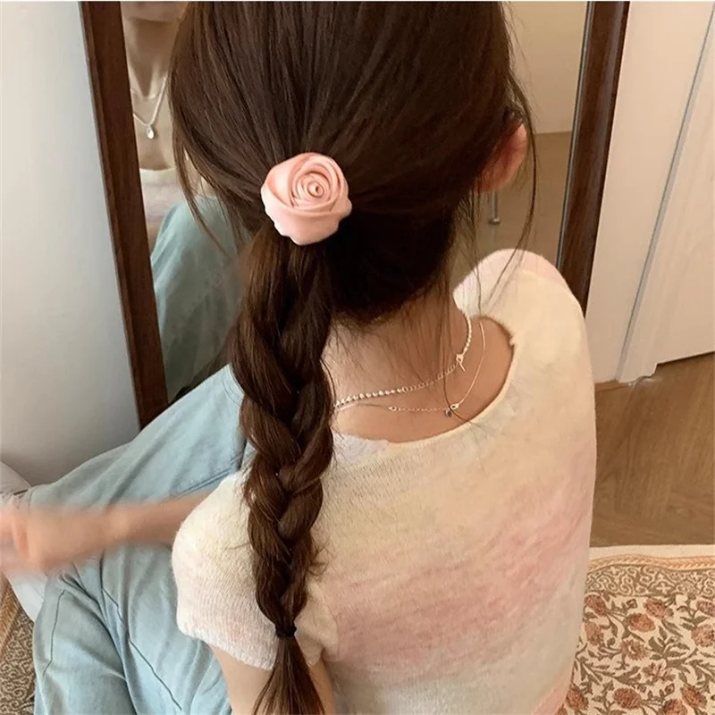 2023 Black Pink Satin Hair Tie Rope Women Fashion Rose Flower Hair Rubber Bands Scrunchies Fashion Elastic Hair Accessories