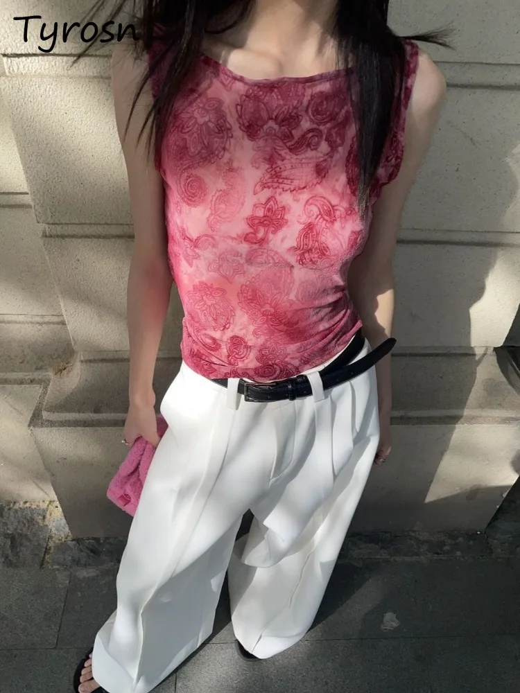 ถังผู้หญิงฤดูร้อน Slim Temperament พิมพ์ Hotsweet Y2k Backless High Street เกาหลีสไตล์ความงาม Hipster เสื้อแขนกุดเซ็กซี่