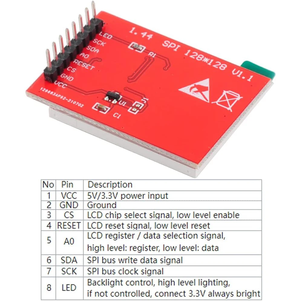 1,44 Zoll SPI TFT LCD Display Modul 128x128 ST7735S 5V/3,3V 11 Pin Version für Arduino U NO Mega-2560