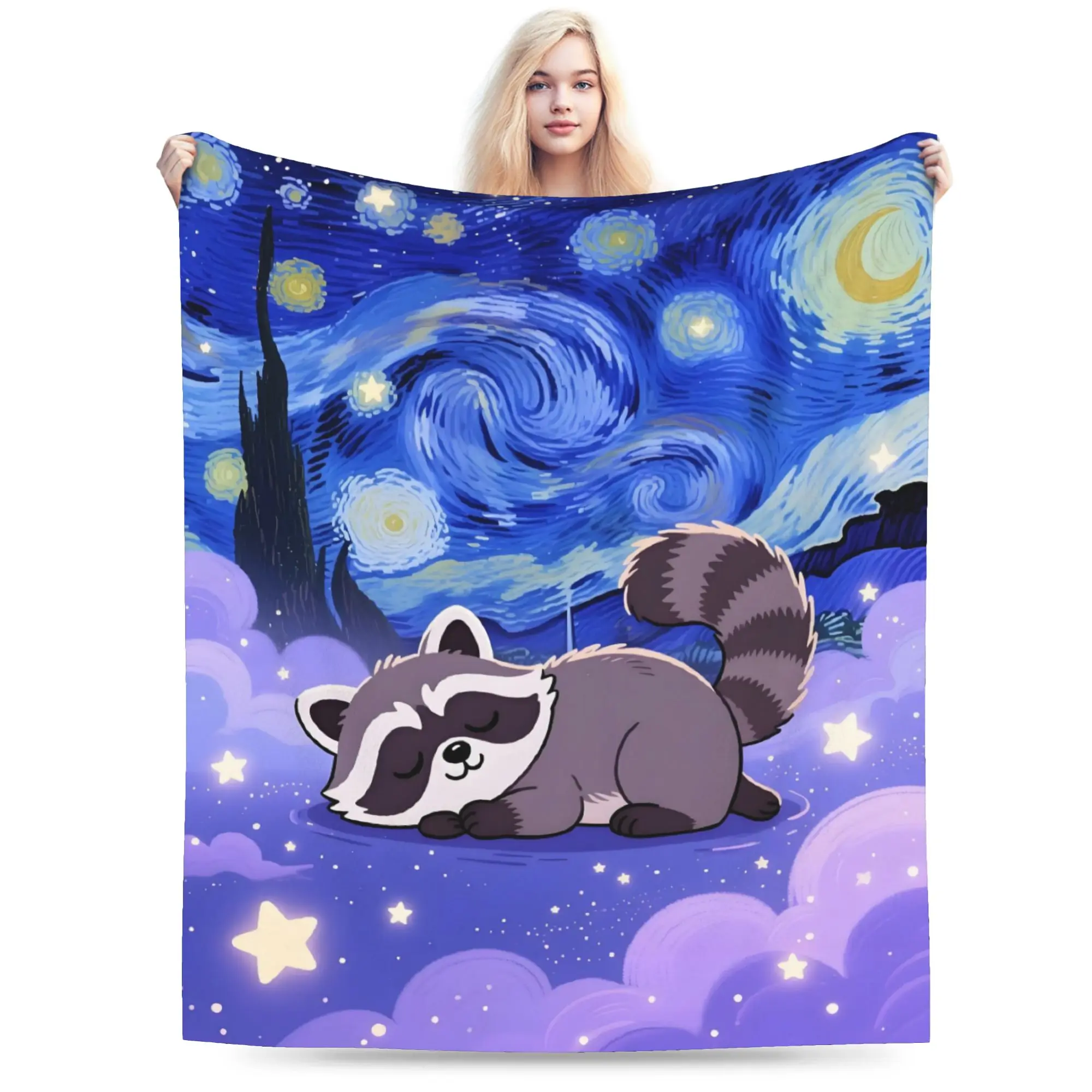Custom Raccoon Cartoon Blanket Warm Fleece Soft Flannel Van Gogh Starry Night Throw Blankets for Bed Sofa Office Spring