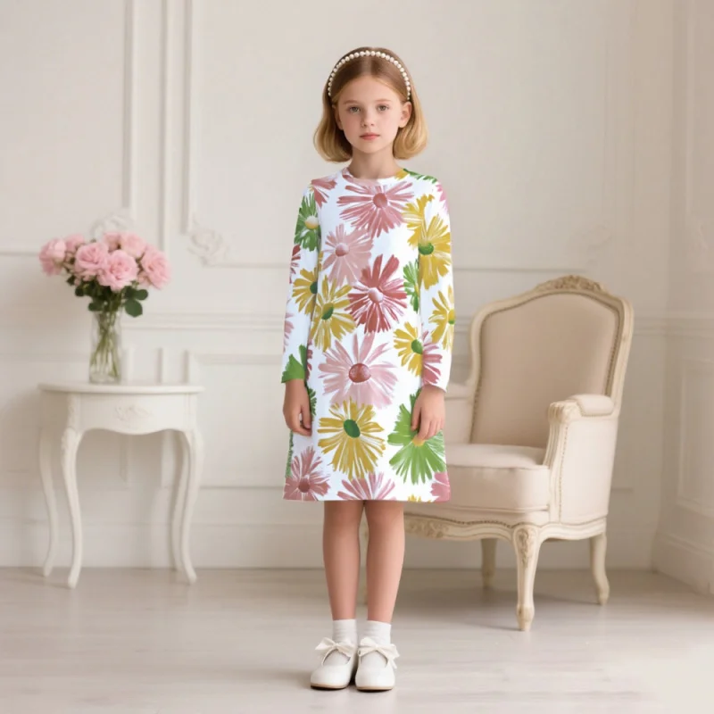 

2025 New | Cross-border Best-Selling Girls' Long Sleeve Dress - Color Floral Print Cute Casual Party Children's Clothing