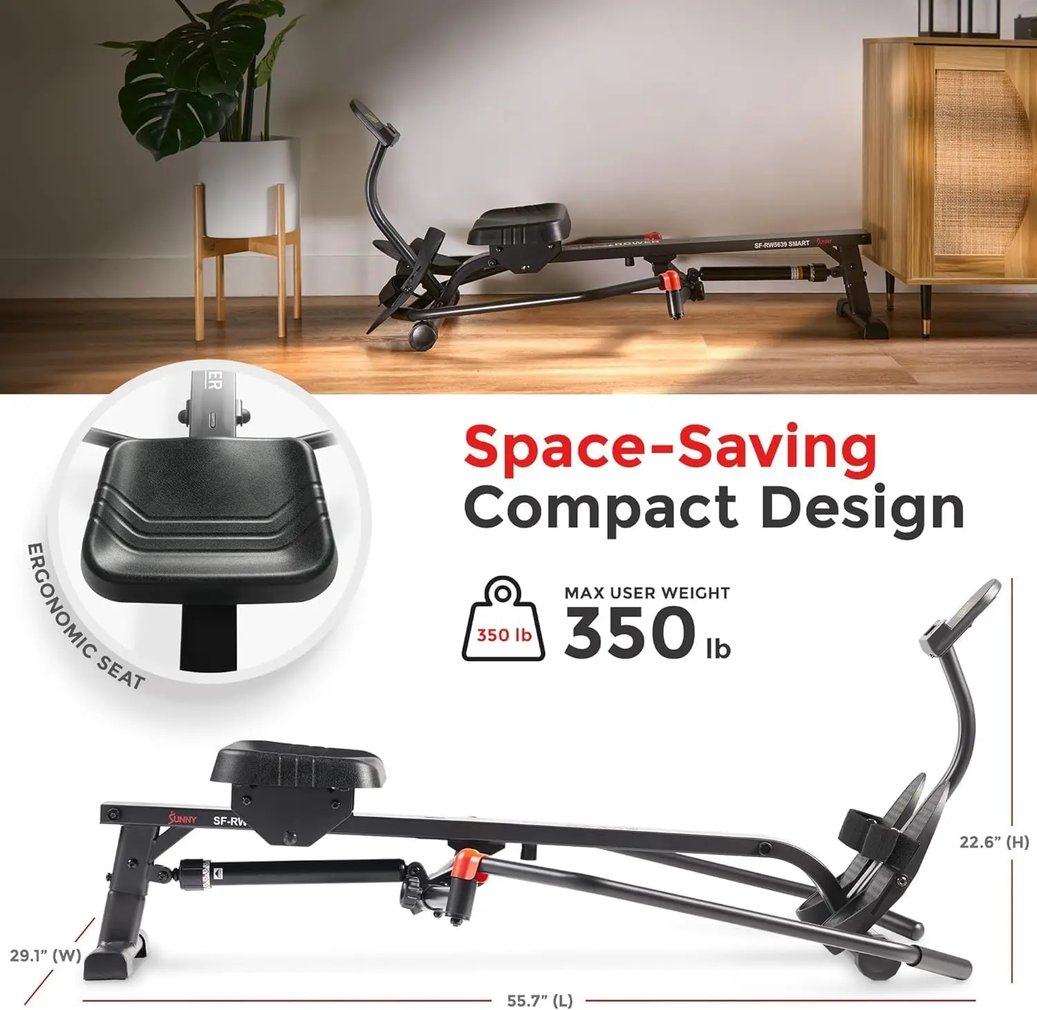 Smart Compact Full Motion Rowing Machine, Full-Body Workout, Low-Impact, Extra-Long Rail, 350 LB Weight Capacity and Optional