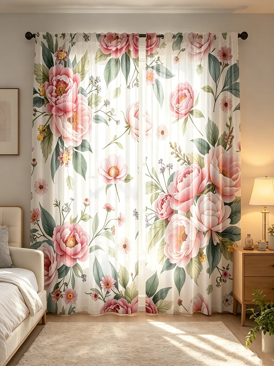 2PCS Digital Printed Curtains, Pink Peony Floral Flower Pattern, Elegant Vintage Style for Living Room Bedroom Home Decor