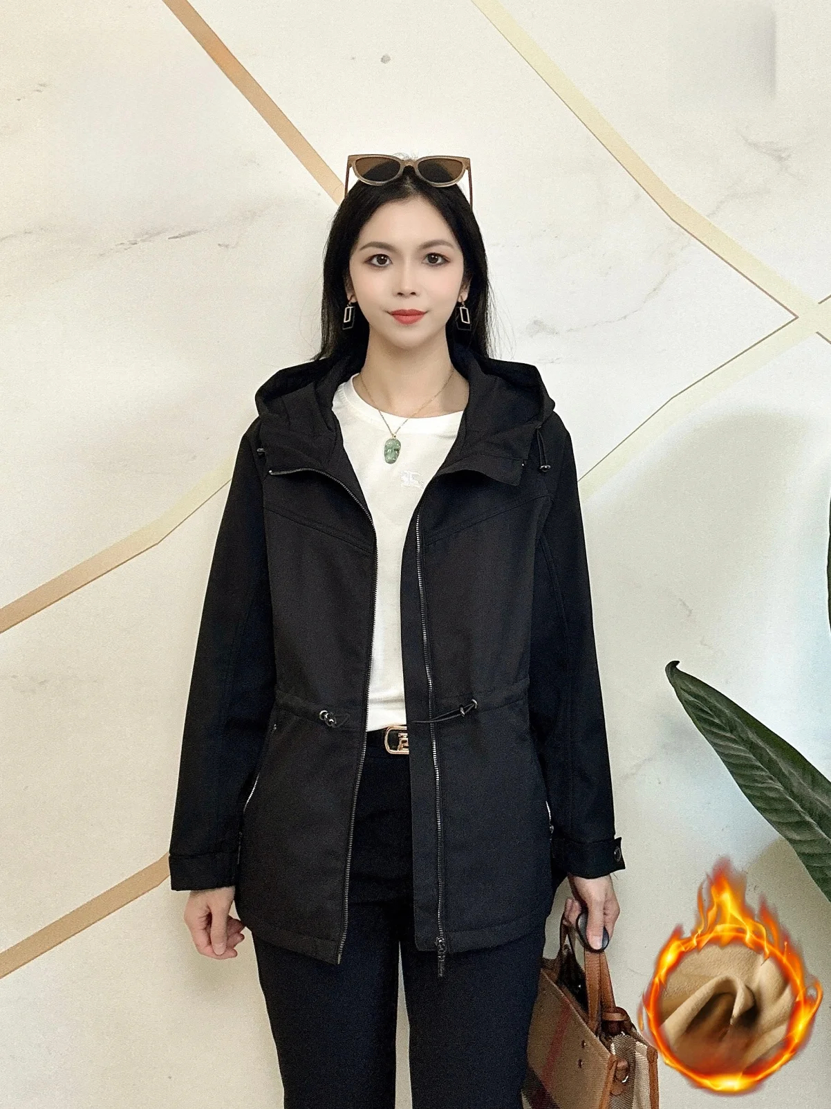 Briti Sle Damen-Jacke mit Fleecefutter und Kapuze, warmer, vielseitiger, übergroßer Mantel, modische Winter-Oberbekleidung, bereit für den Arbeitsweg