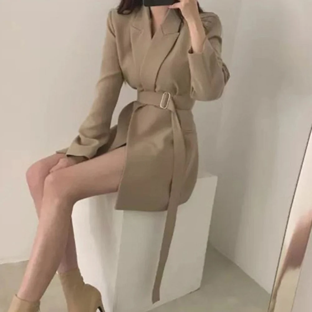 Casual Lapel Belt Jacket Blouse Long Sleeve Blazer Black Vintage Casual Blazer Holiday Clothing Solid Color Jacket