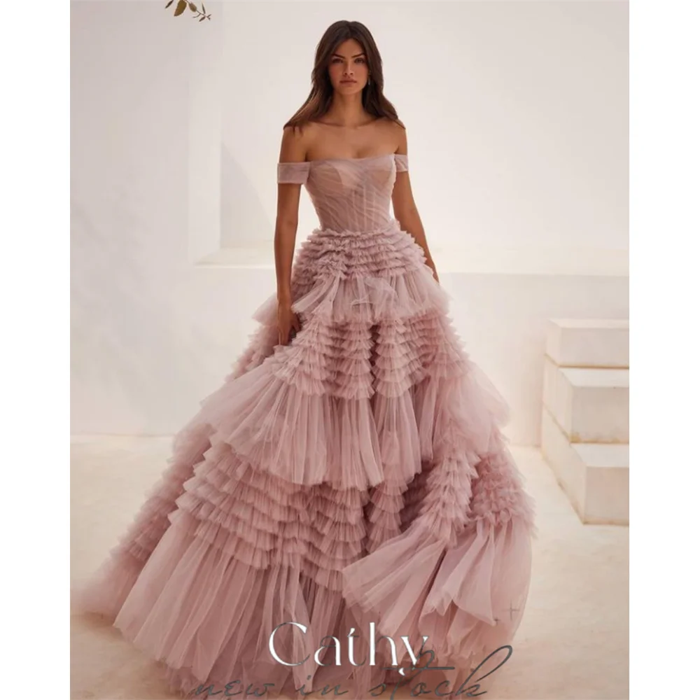 

Cathy Elegant Off Shoulder Tulle Prom Dress 2024 Multilayer Mesh Sleeveless Ball Gown Vestidos De Fiesta Long Train Party Dress