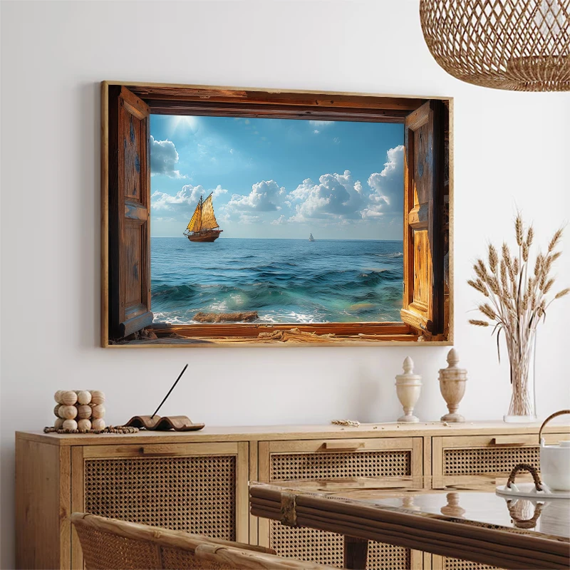 نافذة مفتوحة جزيرة سانتوريني سفينة بحر إيجه الجدار ملصق فني طباعة اليونان قماش اللوحة لغرفة المعيشة ديكور المنزل