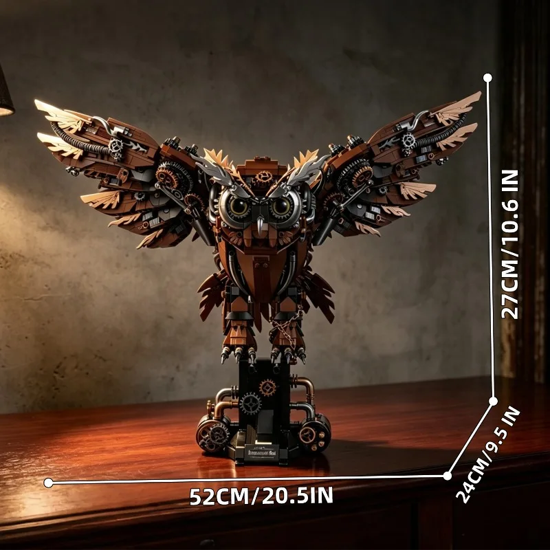 1533PCS Retro Mechanical Owl with Bracket Building Blocks,Cyber Punk Animal Creative Home Decor Assembly DIY Toys Kid Adult Gift