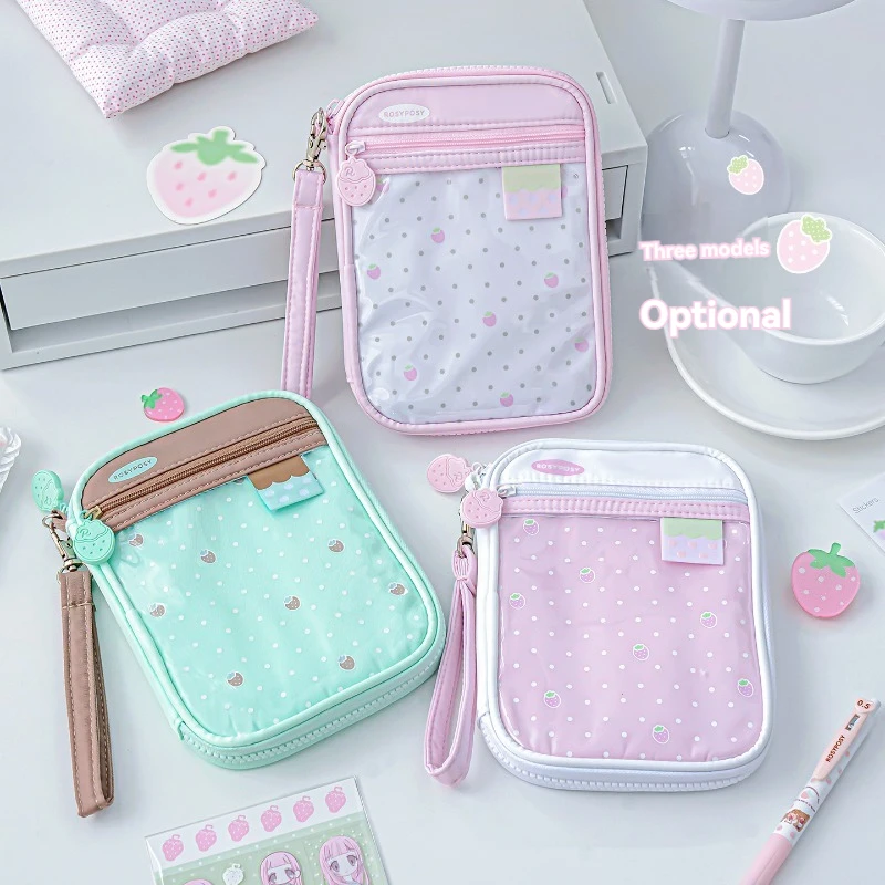 1PC Pink Strawberry Pencil Case Flat Lay Multi-layer Card Slots Stationery Organizer Clear Window Pen Pouch for School Girls