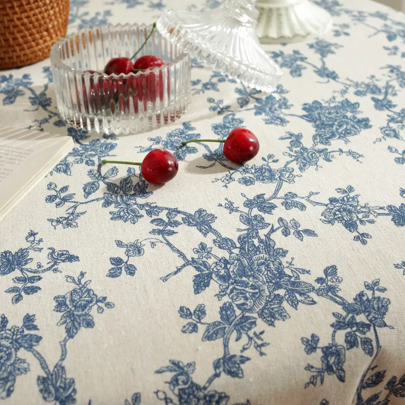 French tablecloths retro rural blue rose cotton linen dining table fabric tablecloth tea table cover fabric picnic cloth