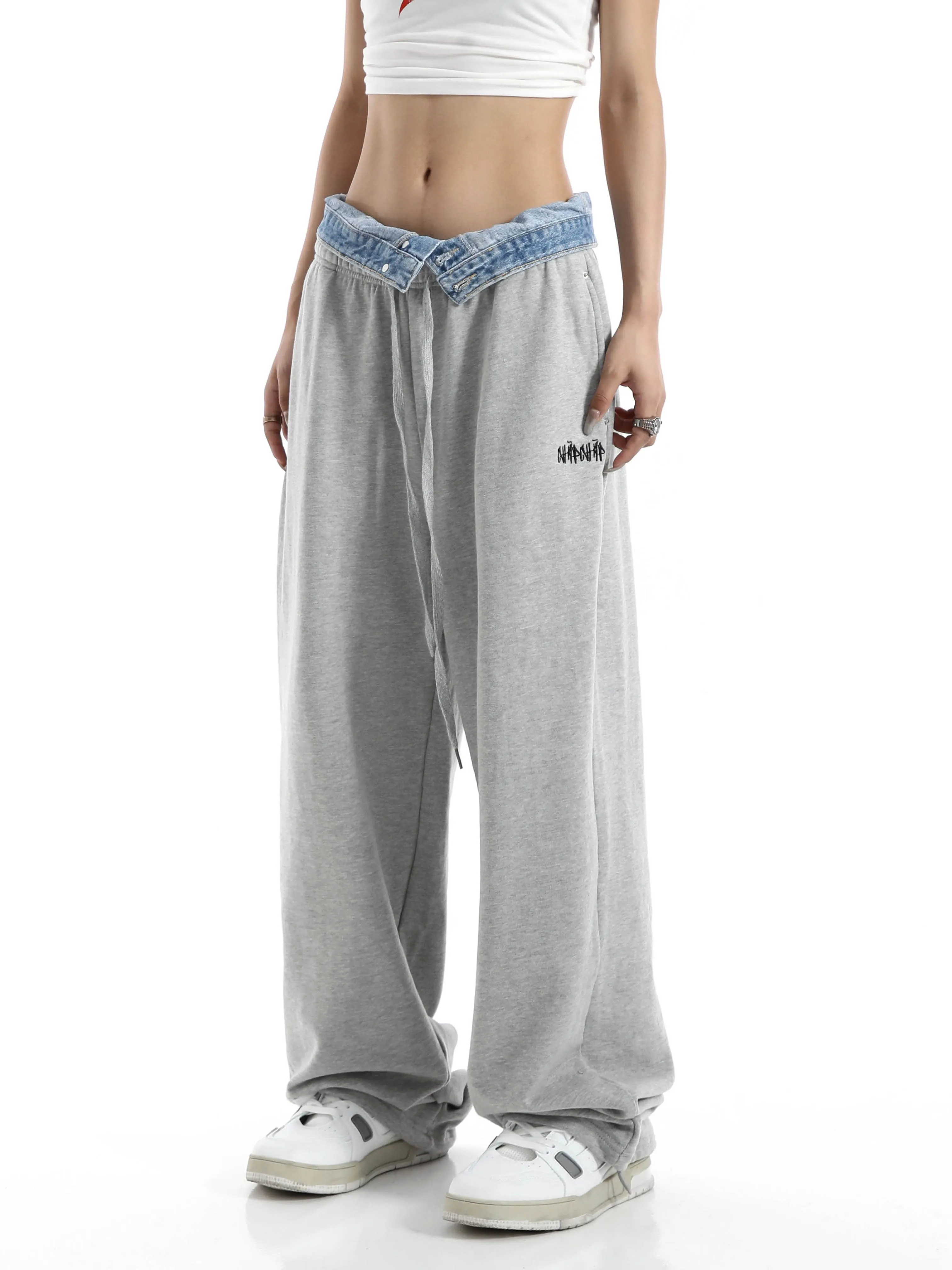 

Women's Baggy Patchwork Denim Sweatpants Vintage Y2k Harajuku 90s Retro Pants High Waist Wide Leg Jogger Trousers Streetwear