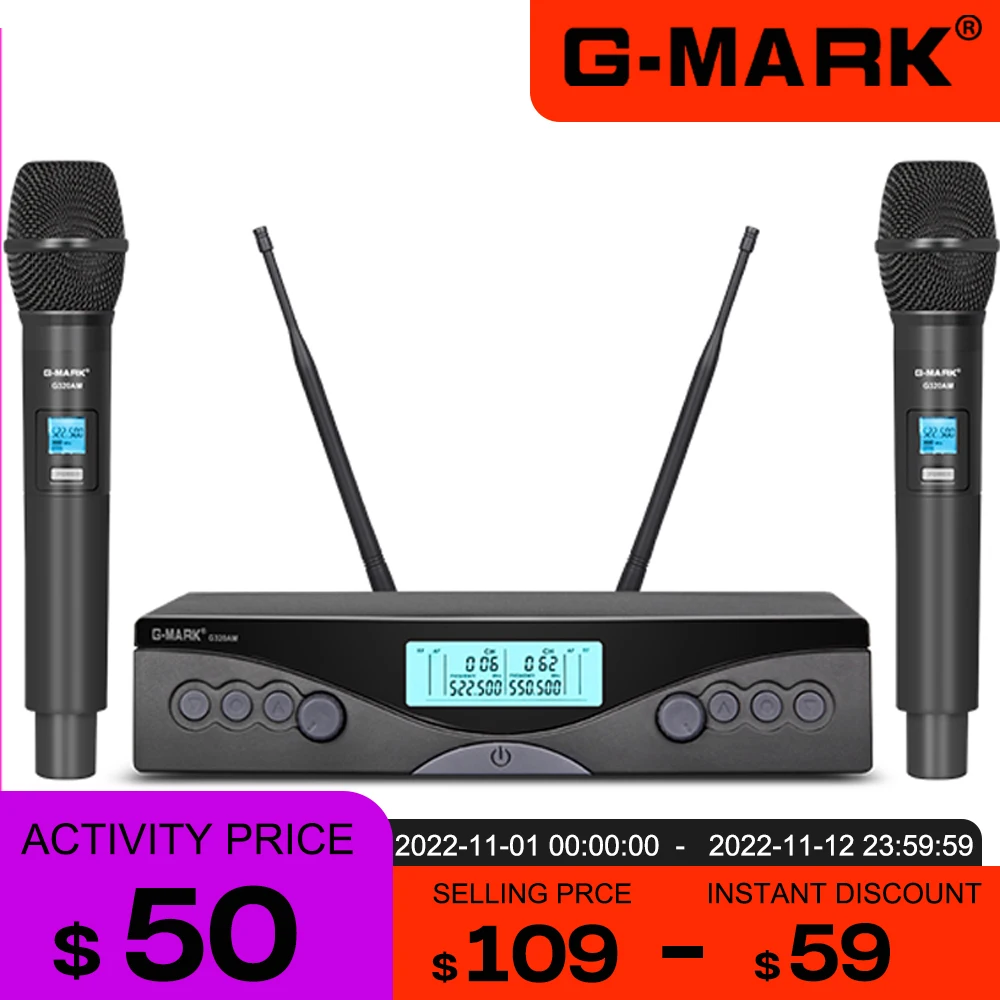 Microphone Wireless G-MARK G320AM Handheld Mic UHF 2 Channels Adjustable Frequency For Karaoke Party Show Church Wedding