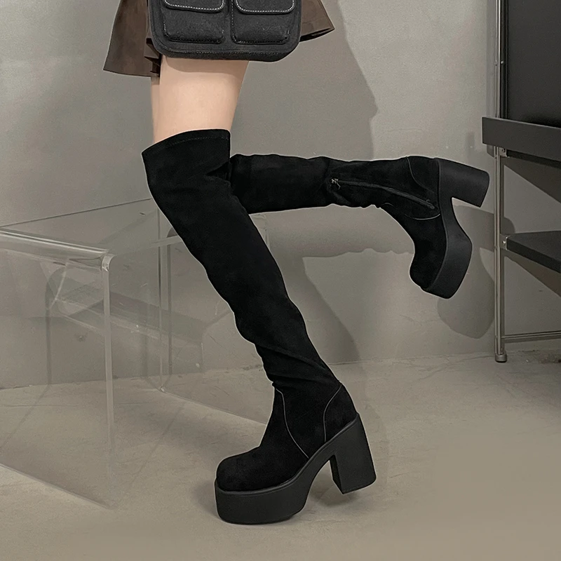 

Thigh Boots Women Fall/Winter 2025 New Black Platform Small Skinny Stretch Suede High Heeled Over-the-Knee Boots