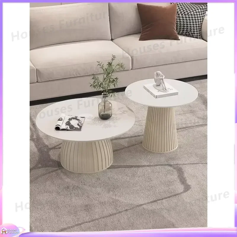 Modern Round Nested Coffee Table Set Marble Look Burning Stone Top Cream Groove Base Living Room Furniture Home Decor
