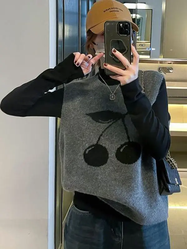 Fashionable Retro Cartoon Cherry Knitted Vest Women's Spring Autumn New Style Layering Trendy Color Slimming Top