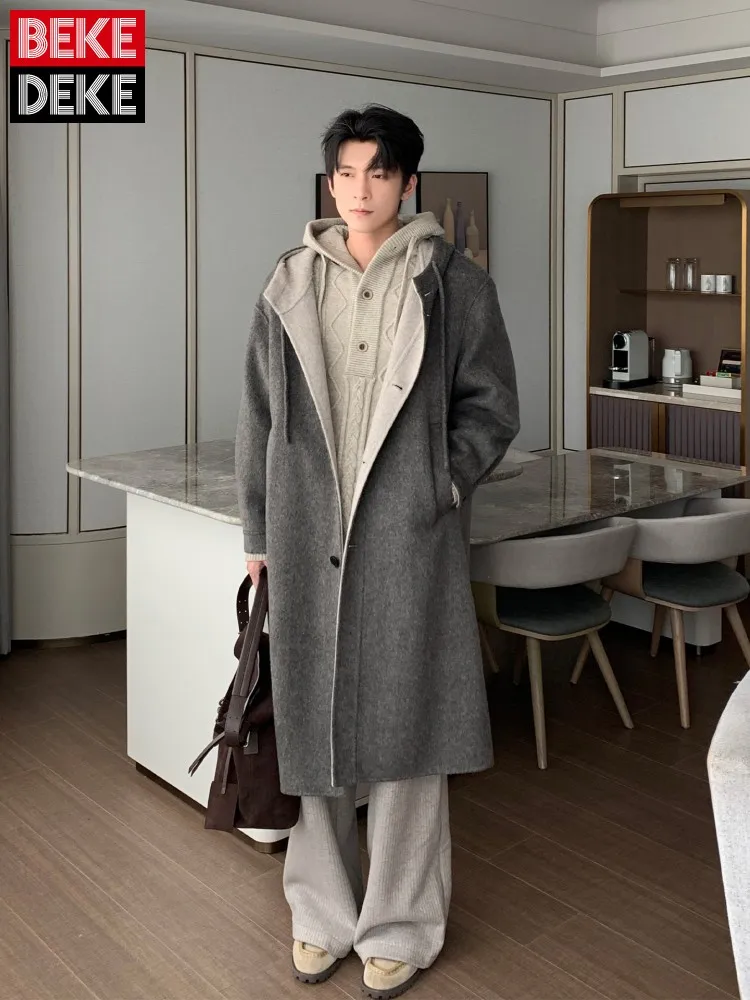 Top Quality Youth Male Mid-length Double-sided Woolen Coat Men Thick Warm Hooded Wool Blends Leisure Streetwear Loose Overcoat