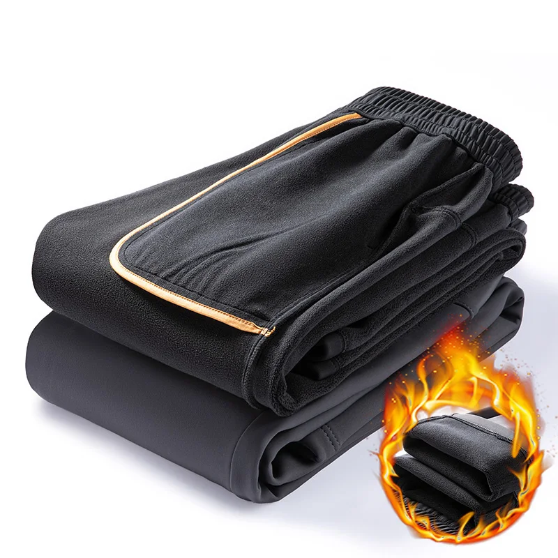 عالية الجودة الشتاء الصوف بناطيل تدفئة الرجال الرباط مرونة الخصر في الهواء الطلق الركض يتدفقون مستقيم أسود بناطيل كاجوال الذكور #5