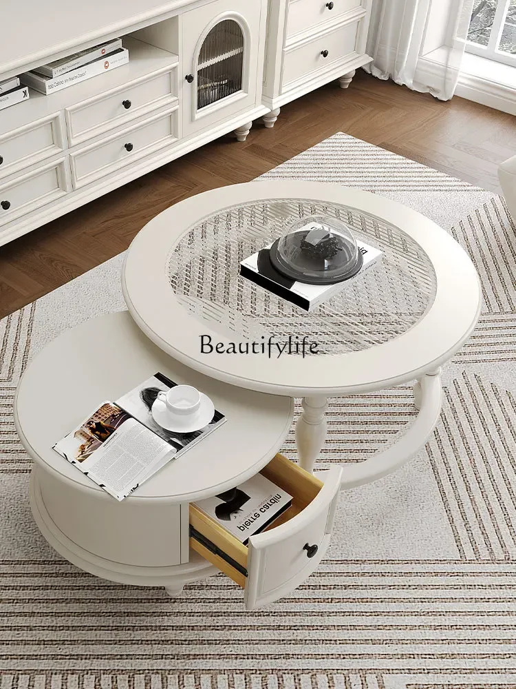 

LJYAmerican solid wood coffee table combination French small apartment cream wind retractable Changhong glass round tea table