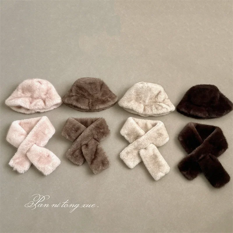 Women Winter Thick Warm Plush Fisherman Hat with Faux Rabbit Fur Scarf Two Piece Set Accessory