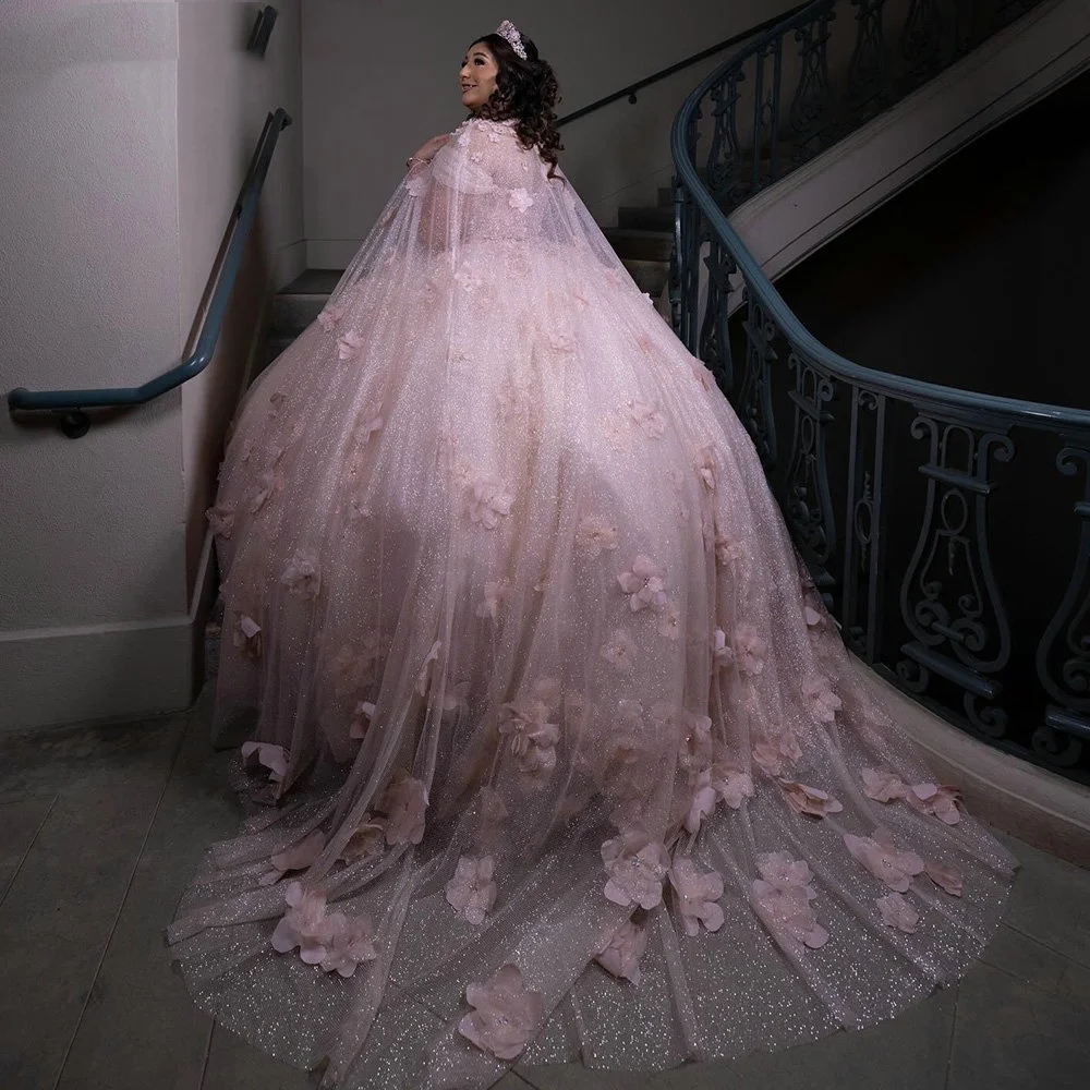 Lorencia-vestido De quinceañera con flores en 3D, traje De baile con purpurina rosa, apliques De capa, cuentas De encaje, 15 Años, YQD570