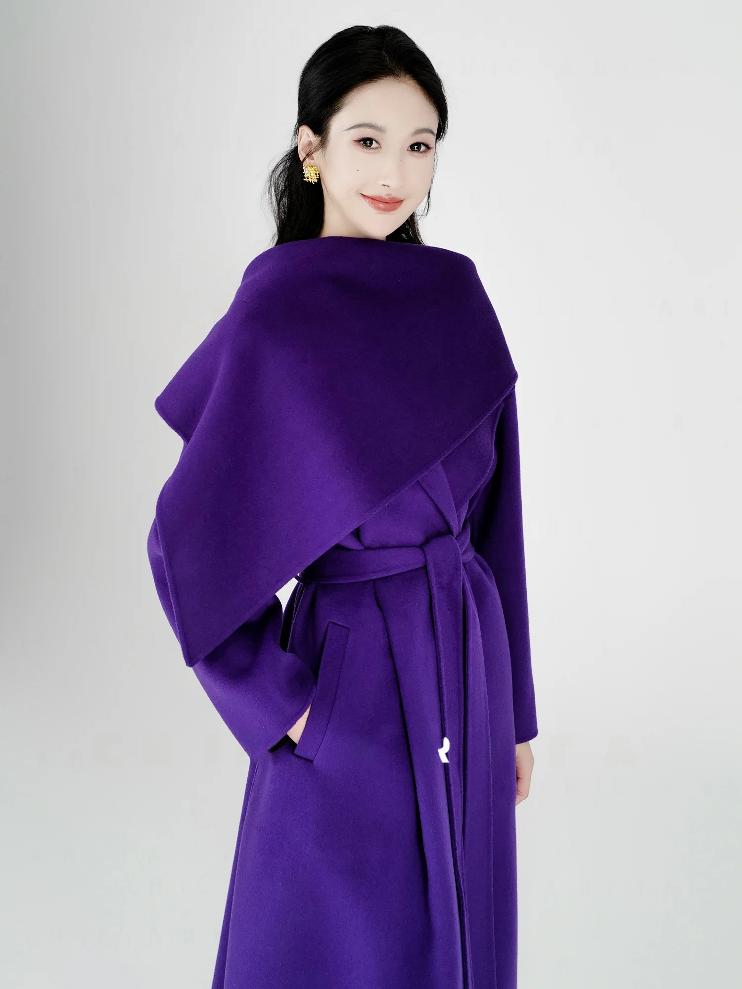 

Двустороннее шерстяное пальто Camere Chic Arita Korean Sle с высокой талией Long Sve Wrap Ne Design Pure Color Женская верхняя одежда