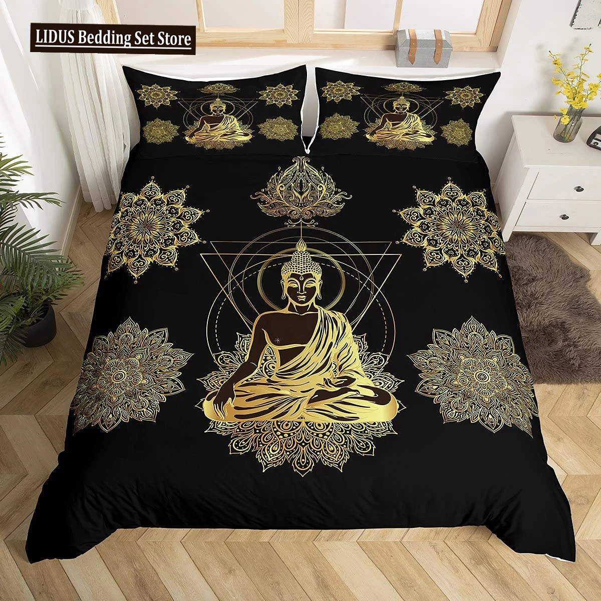 

Mandala Buddha Duvet Cover Set King Size Exotic Ethnic Bohemian Bedding Set Golden Black Lotus Flowers Gorgeous Comforter Cover