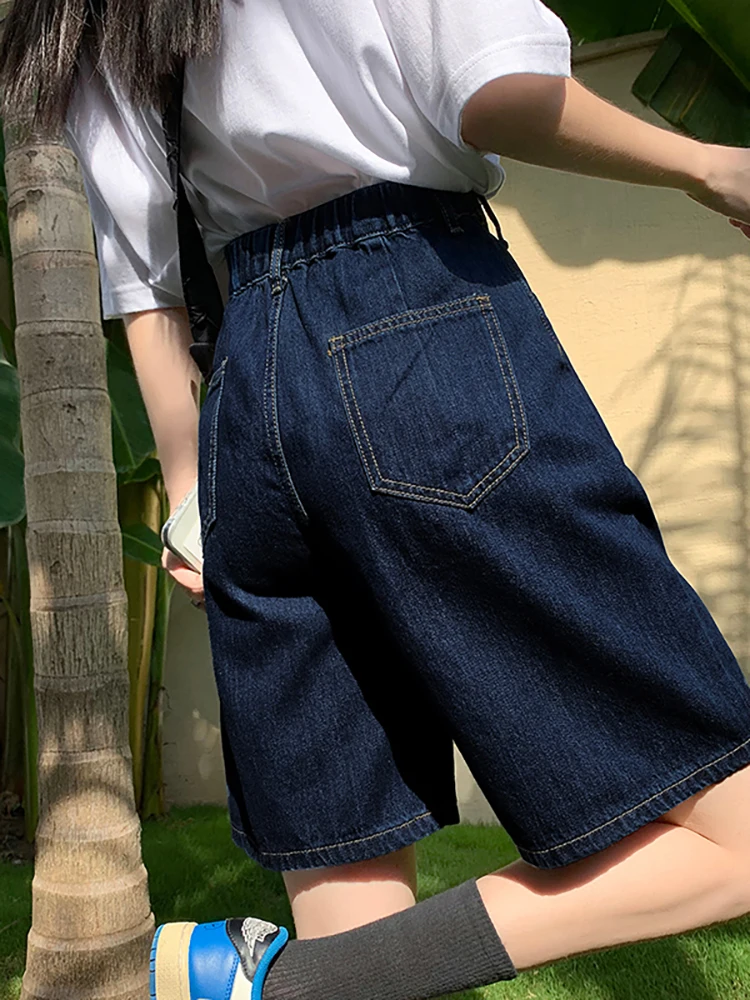 

High Waist Denim Shorts Women Summer Thin Straight Loose Wide Leg Five Pants Elastic Waist Trendy Jeans for Young Ladies