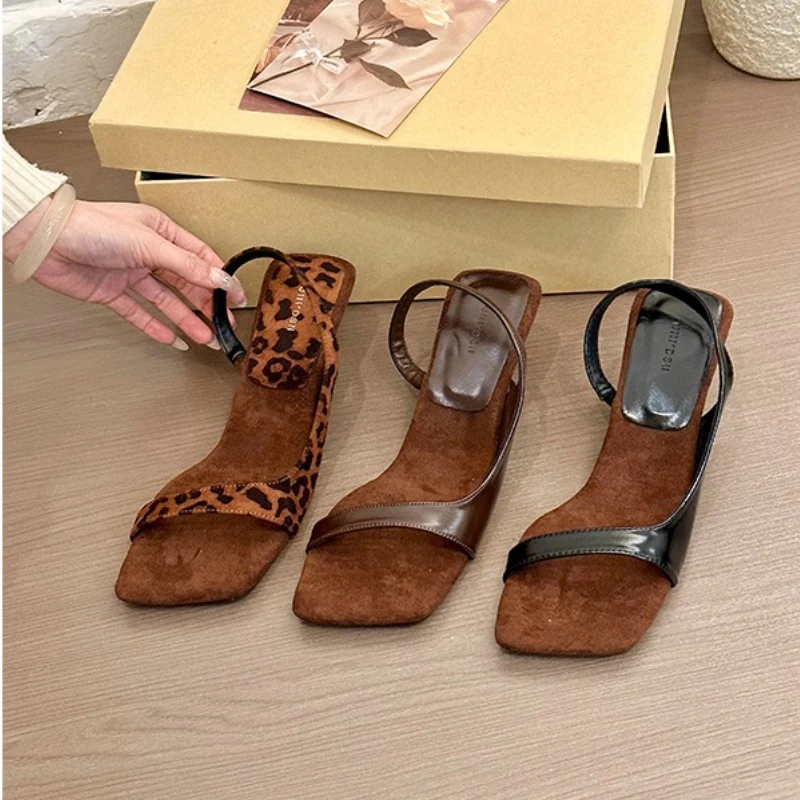 Summer Mid-high Heels Sandals for Women Sexy Leopard Print Women Fashionable Sandals Simple Special-shaped Heels Women's Shoes