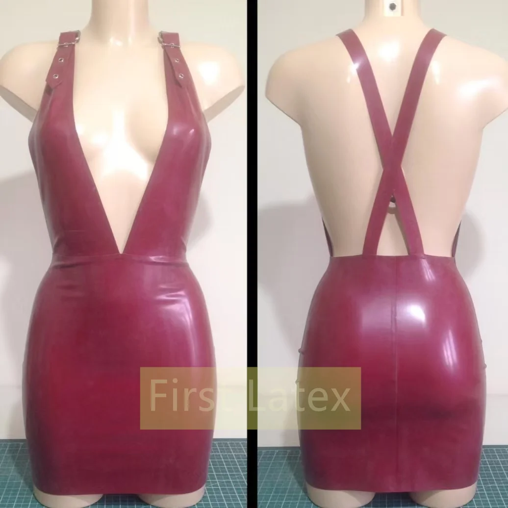 

Handmade Sexy Natural Latex Women Adjustable Shoulder Buckle Straps Dress Fetish Latex Lady's Pencil Skirt Halloween Bodycon