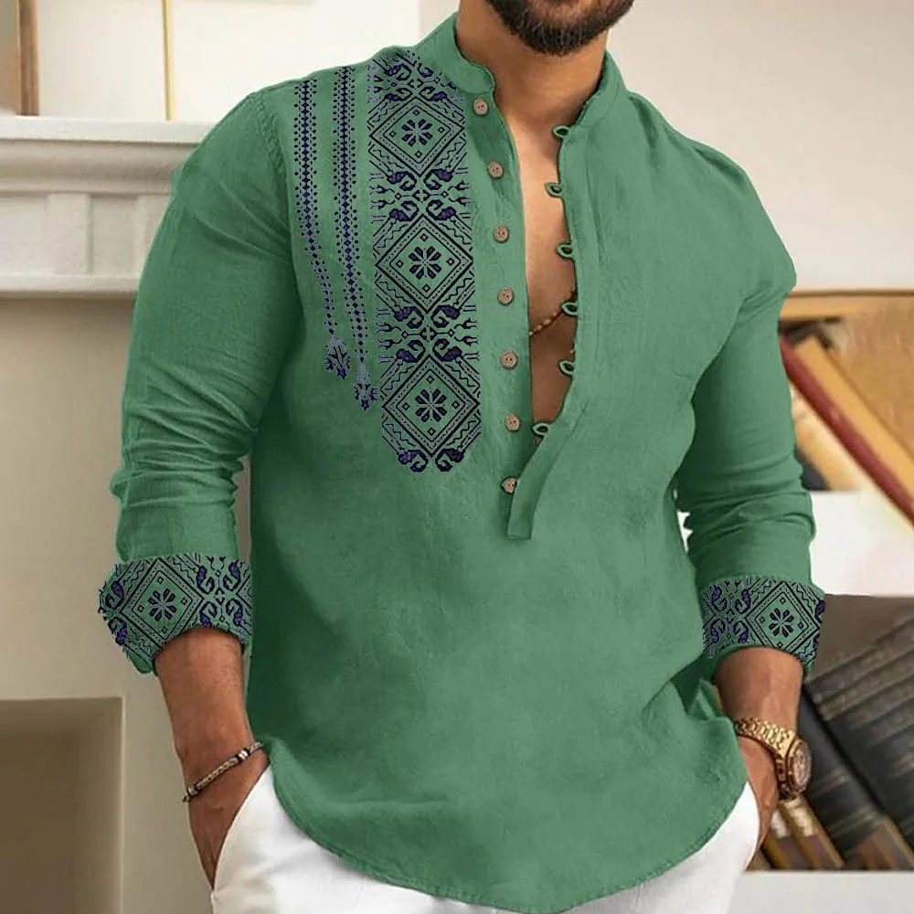 2025 Spring And Summer Fashion Casual Men Long Sleeve Button-Down Shirt Blouse Loose Henley V-Neck Beach Tops T Shirts As A Gift