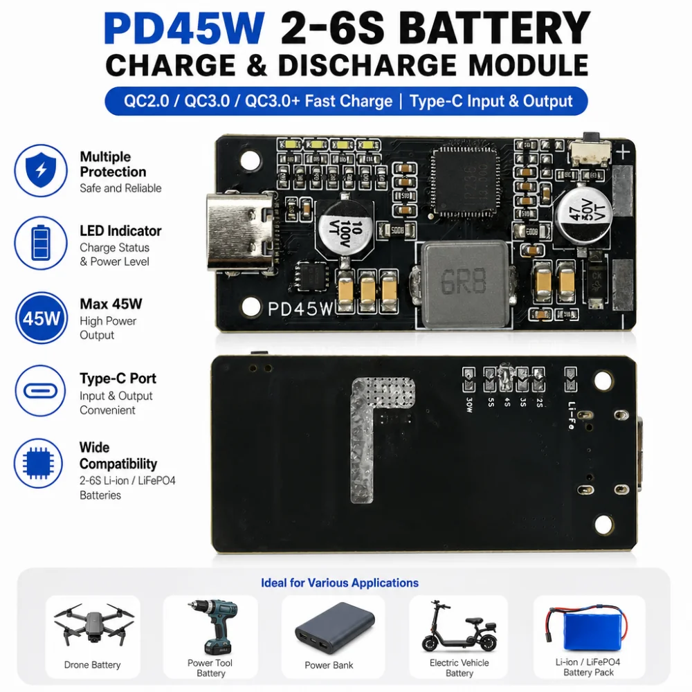 PD45W 2-6S Lithium/LFP Battery Charge/Discharge Module with QC 2.0/QC 3.0/QC 3.0+ Fast Charging Output, Type-C Port