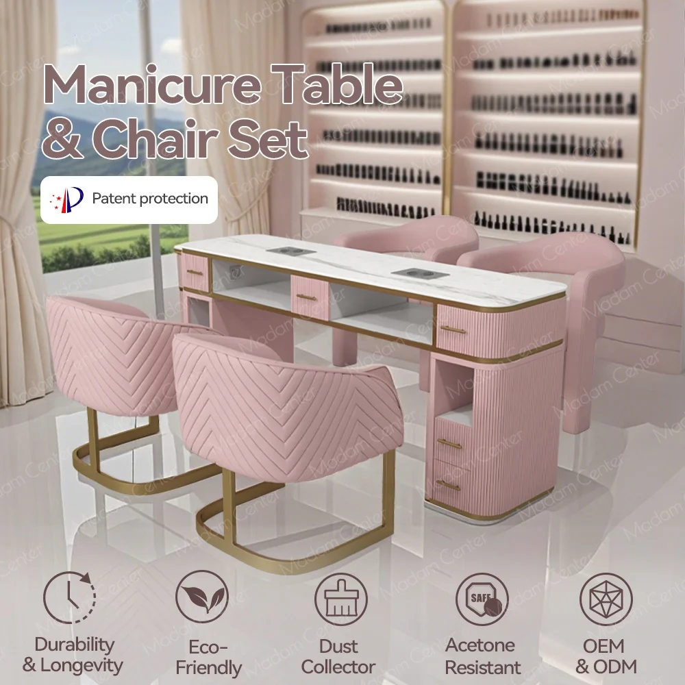 Madamcenter Luxury Modern Manicure Nail Spa Desk Table With Stone Tabletop Double Manicure Chair Set For Salon Furniture