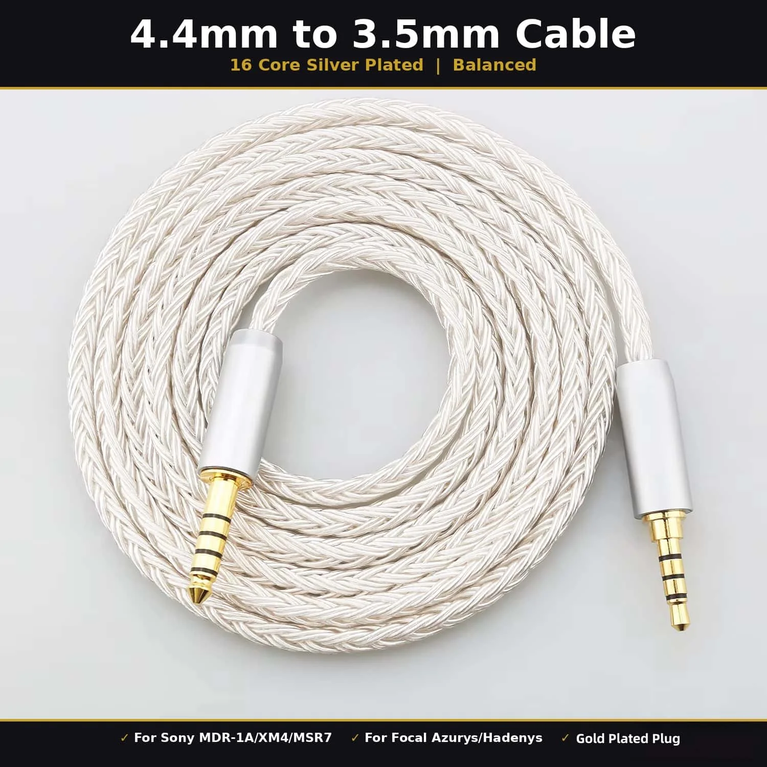 16Cores Silver Plated 4.4mm to 3.5mm Balanced Cable For SONY MDR-1A 1000XM3 XM4 XM5 MSR7 AR2 AR3 AR5 SR5 SR3 Earphone