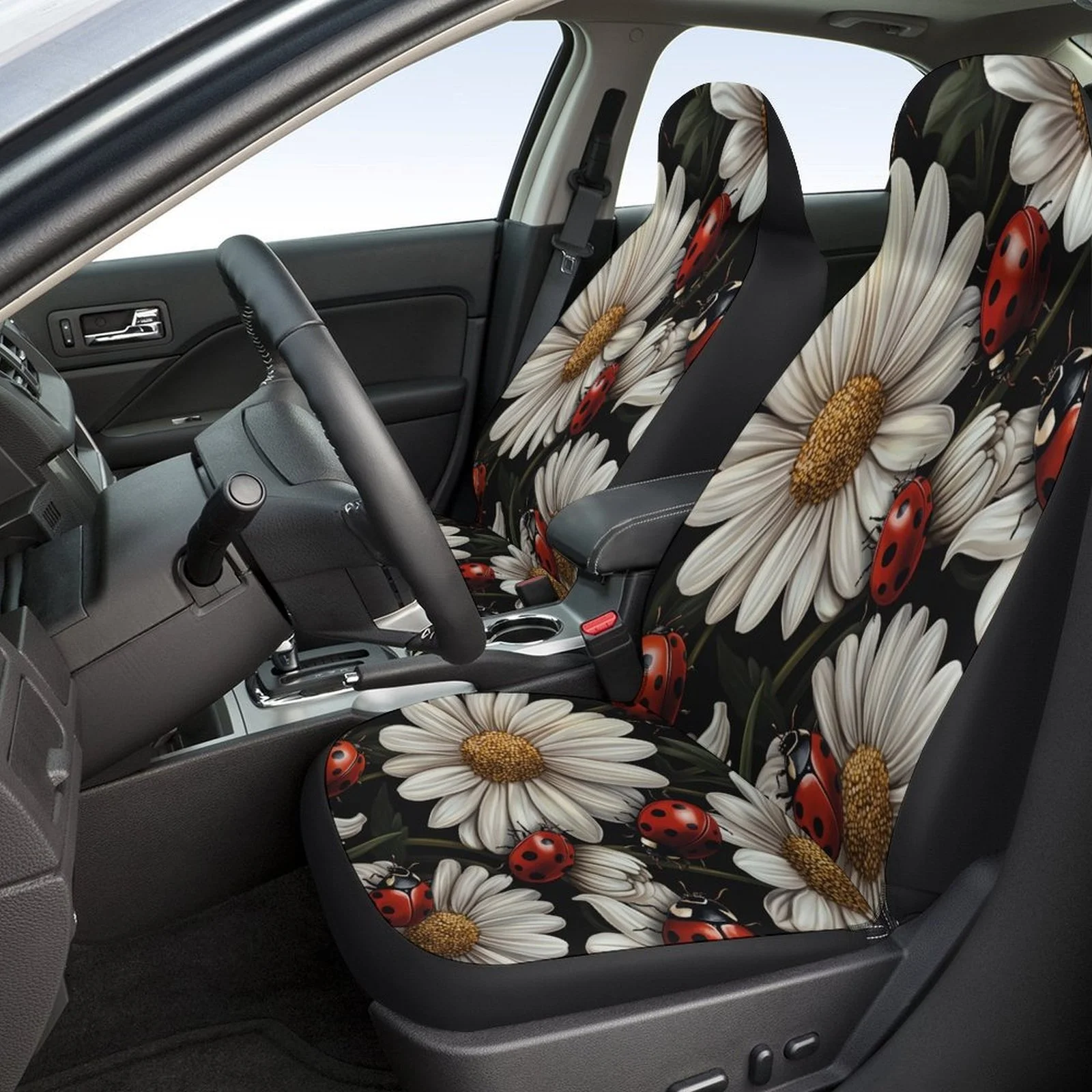 Ladybugs And Daisies Designed Car Seat Covers Set For Most Cars, Trendy Novelty Decorative Car Seat Protector Covers Full Set,