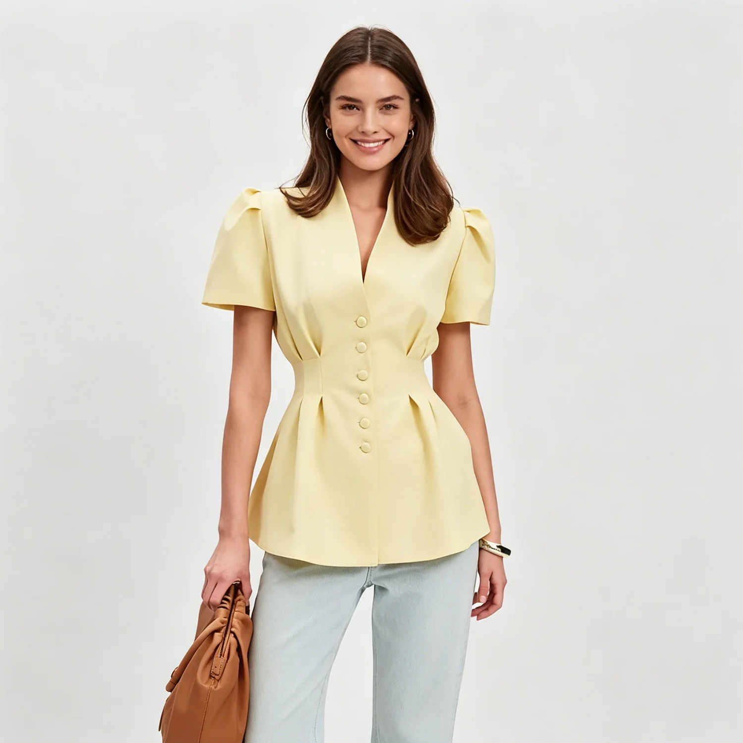 

PUAL 2026 Women Yellow Puff Short Sleeve Blouse, V Neck Single Breasted Waist Pleated Shirt Elegant Slim Casual Office Tops