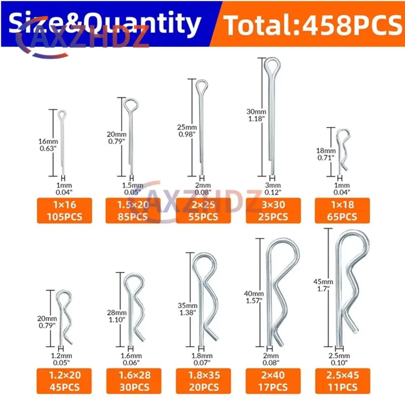 458pcs Cotter pins Assortment kit, Zinc Plated Steel Cotter Pin Hair Pin Hitch Pin Cotter Fastener Fitting Assortment kit, Multi