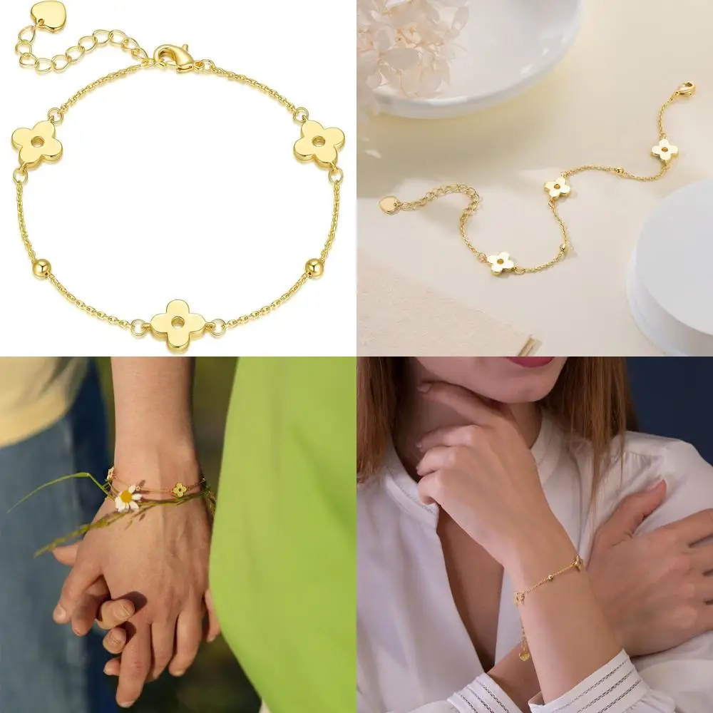 

Женский браслет из 14-каратного золота с клевером — счастливый и игривый, регулируемый размер (7-8,6)