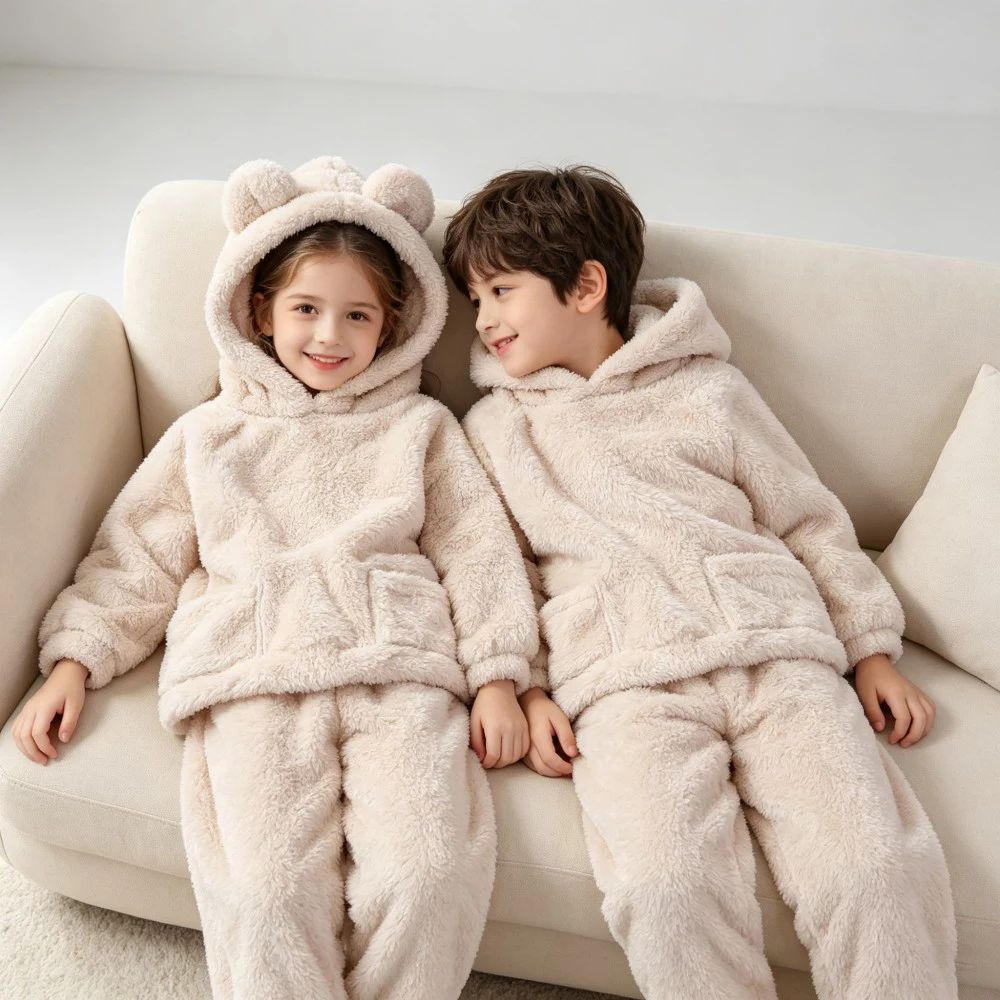 Toddler Bear Ear Hooded Pajama Set Kids Flannel Sleepwear 2Pcs Warm Soft Children Homewear Boys Girls Winter Night Loungewear