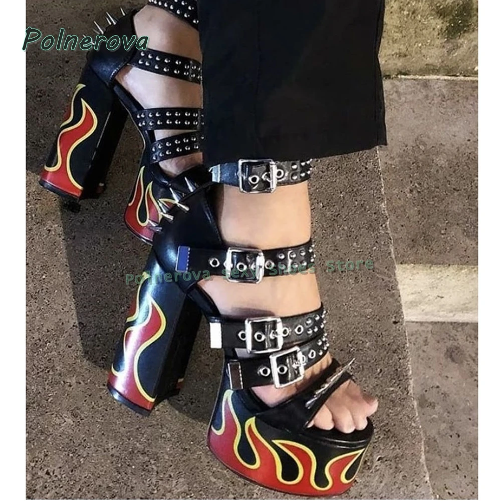 Flame Spike Studded Platform Chunky Heels Women's Multi Buckle Punk Sandals for Gothic Y2K Rave Festival Club Streetwear Summer