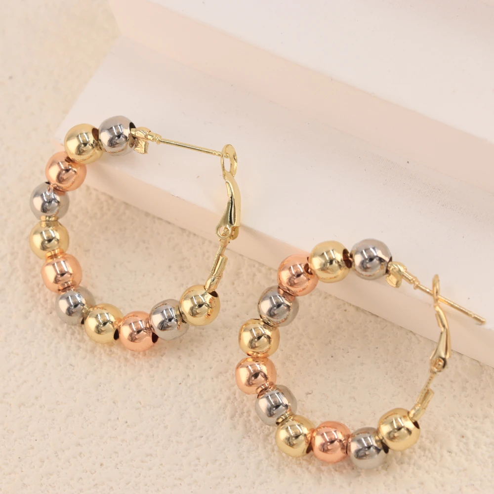 Luck Fashion Jewelry Women 14k Gold Plated Tricolor Beaded C-Shaped Hoop Huggie Statement Earrings