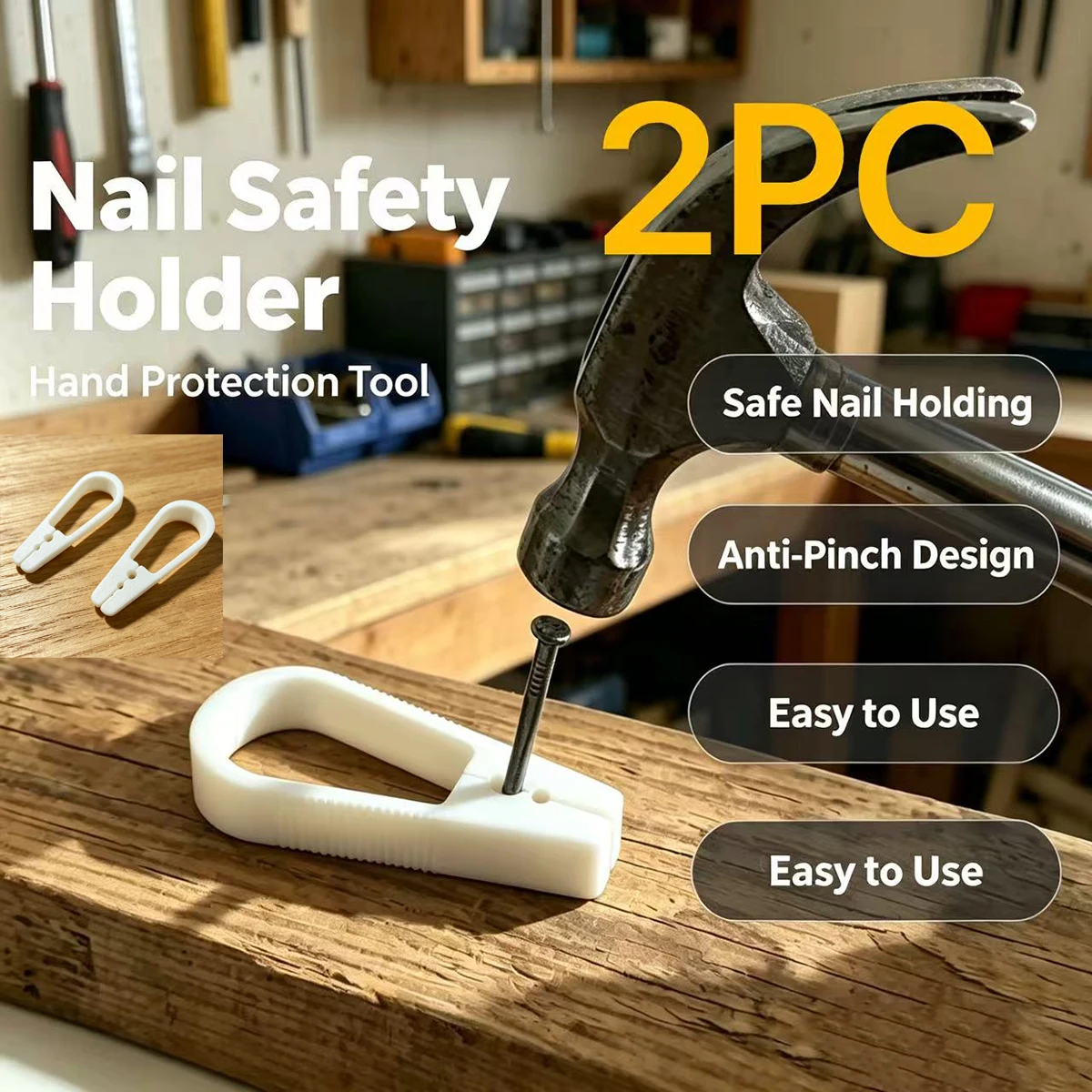 Multifunctional Nail-Driving Safety Hand Clamp Set of 2, Non-Slip Clamping for Various Sizes of Nails, Anti-Pinch Protection Tool for Woodworking and Installation Work, Simple Nail-Driving Auxiliary Accessory