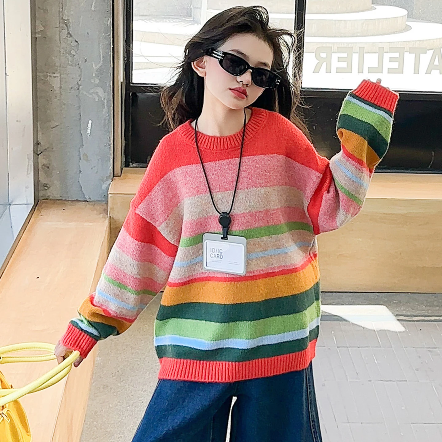 Girls' clothing Autumn rainbow sweater Korean version Loose knit pullover Shirt Casual striped sweaters Knitwear Tops for Kids