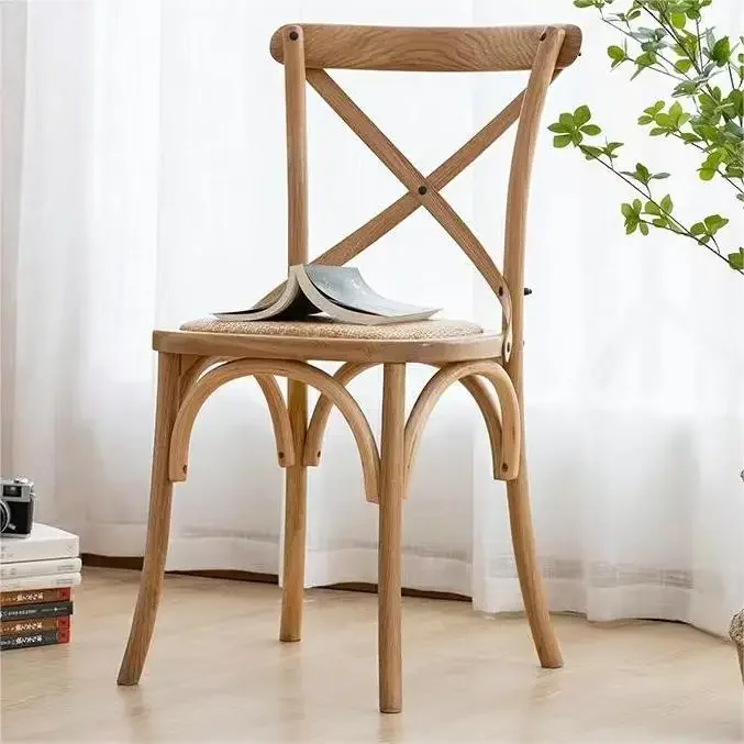 Japanese retro solid wood frame fork back chair rattan upholstered soft cushion dining room restaurant chair