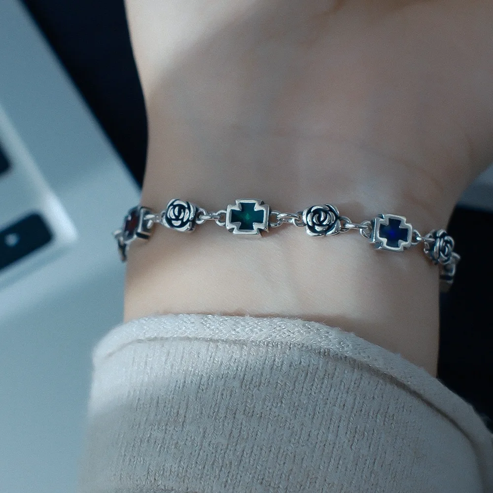 925 Sterling Silver Bracelets for Women Men String Accessories Trend Retro Rose Cross Shape Pendant Party Jewelry Gift
