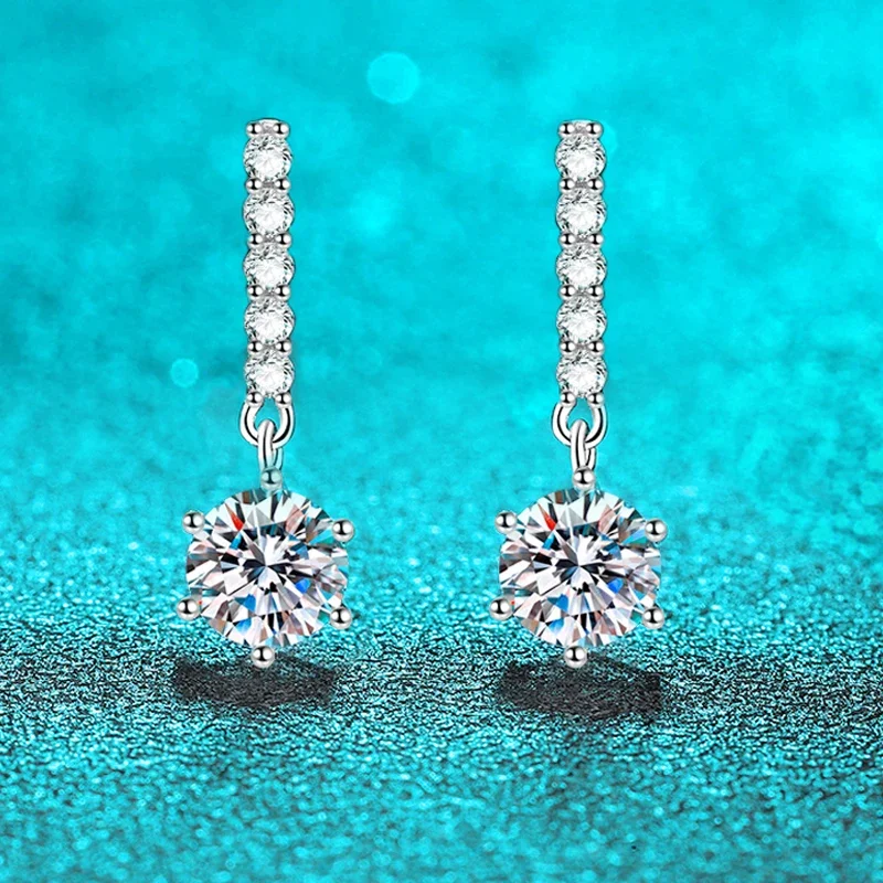 DRring 100% Sterling Silver 1CT 6.5MM Moissanite Drop Earrings for Women Round Cut Six-claw Wedding Sparkling Diamond Earrings