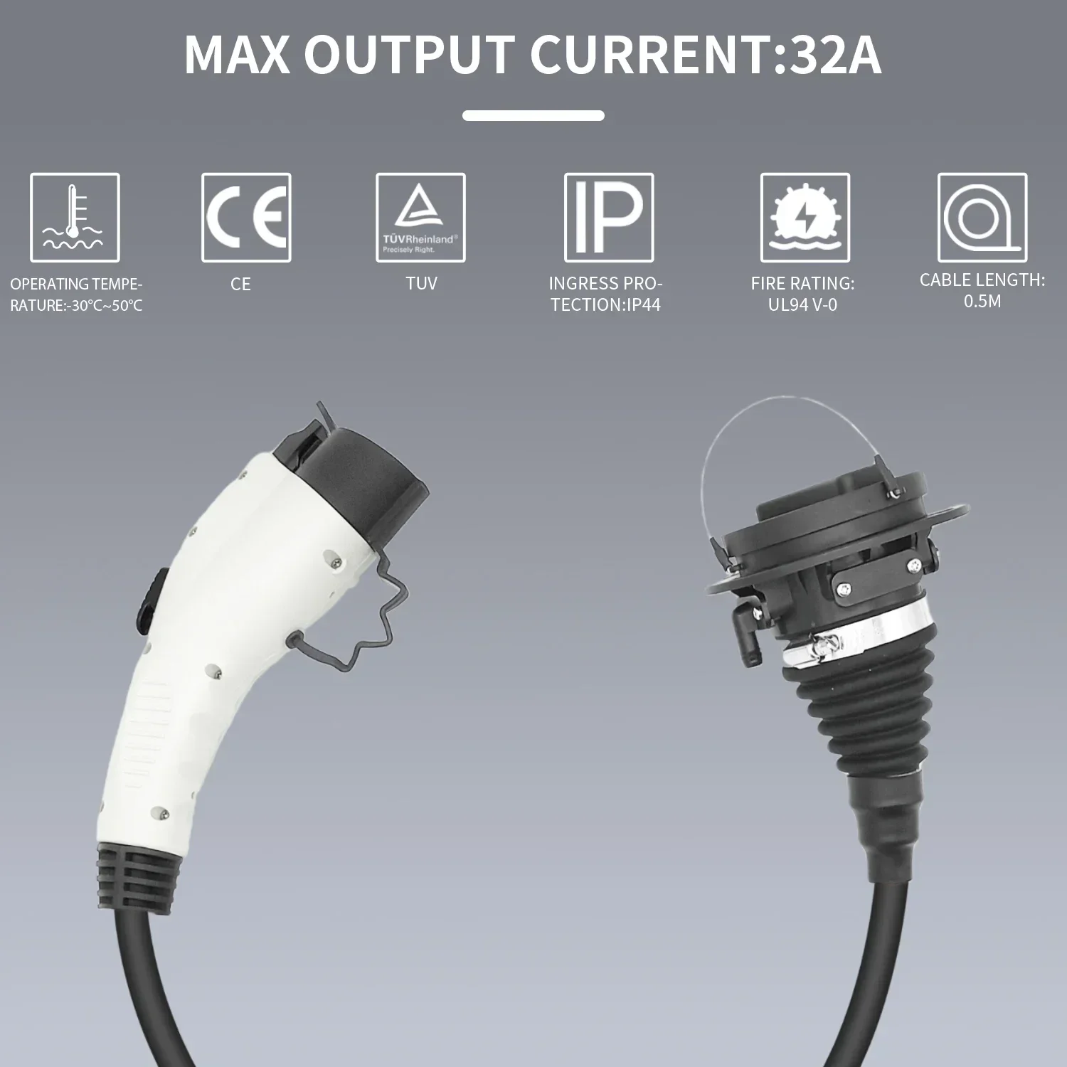 새로운 재고 IEC 62196에서 SAE J1772로 변환 충전기 32A 240V 타입 1 여성 플러그에서 타입 2 남성 소켓으로 1M 전기차 충전 케이블 포함