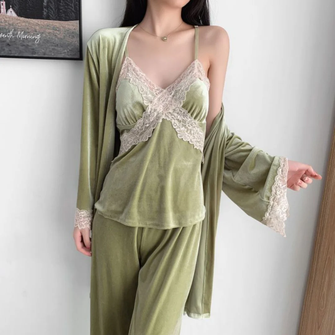 Women's Pajamas Set Women Sexy Lace Pajamas Gold Velvet Pajama Set Pajama Set 3 Pcs Sexy with Ruffle Sleepwear