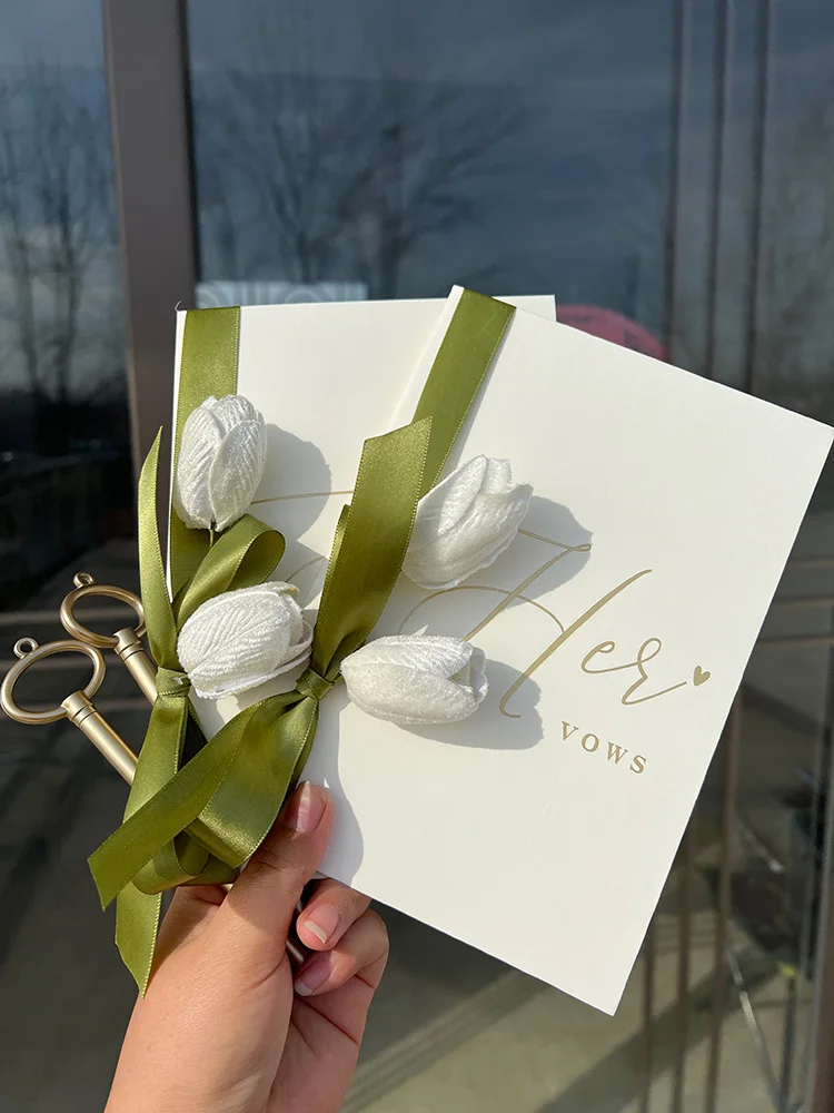 

1 Pair French Fresh Lily of The Valley Tulip Lawn Wedding Decoration Ceremony Beautiful Bride and Groom Oath Speech Vow Card