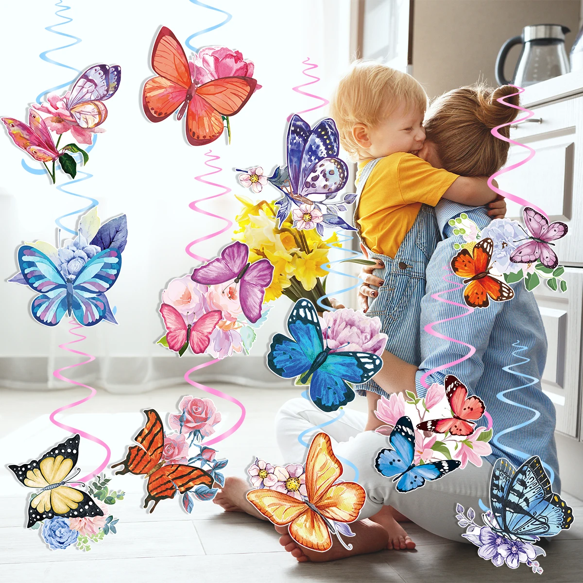 12pcs Butterfly Flowers Hanging Swirl Butterfly Party Decor Ceiling Hanging Spiral Kids Girl 1st Birthday Baby Shower Decoration