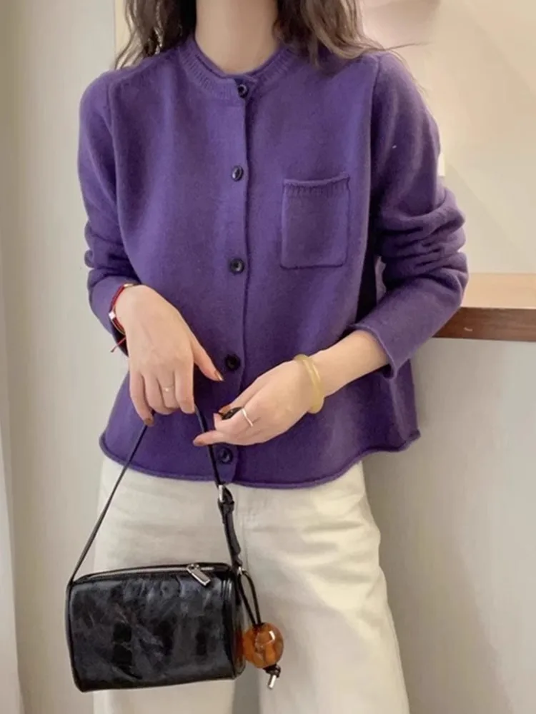 

Autumn Winter Camere Knitted Open Cardigan Single Button Cuffed round Ne Soft Comfortable Single ket Sweater Coat